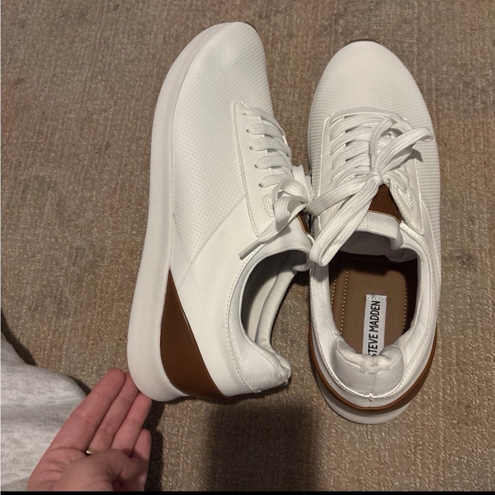 Steve Madden White Lace-Up Sneakers with Tan Heel